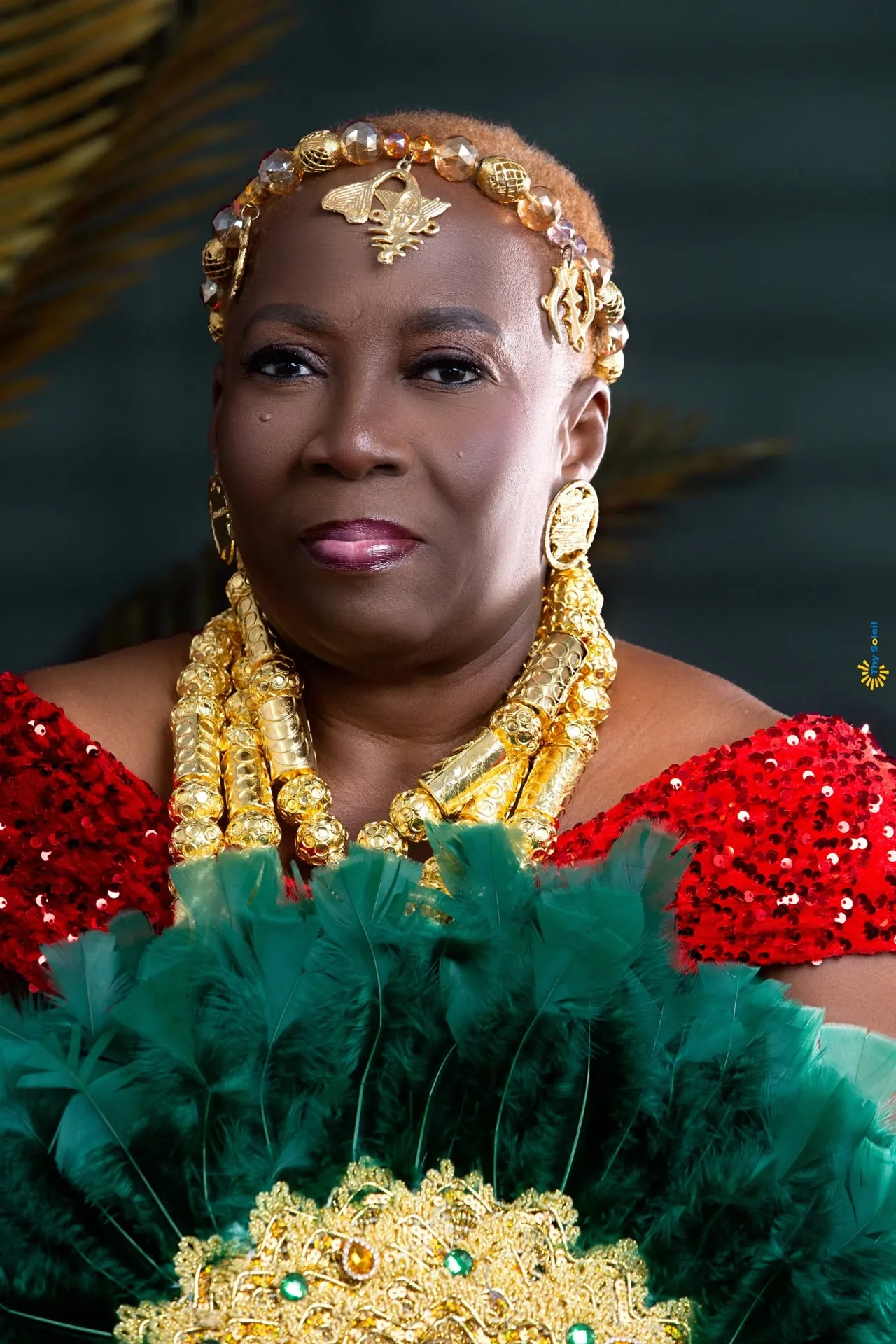 Portrait en tenue traditionnelle et parure dorée.