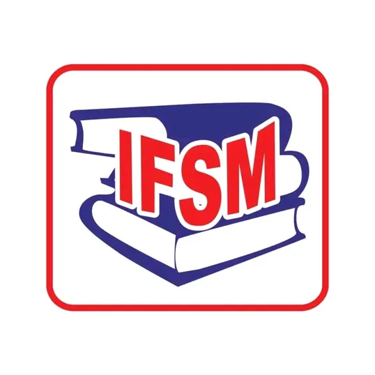 Logo IFSM avec lettres rouges et livres bleus.